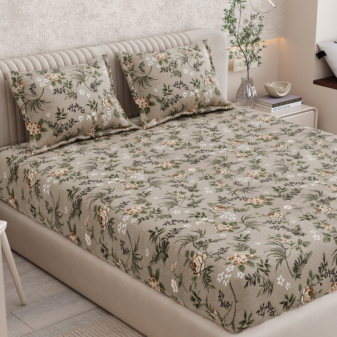 Bella Casa Fashion & Retail Ltd BEDSHEET 72 inch x 78 inch + 10 inch / Brown & Green / 100 % Pure Cotton Double Fitted Bedsheet Set 100% Cotton with 2 Pillow Covers Floral Design Brown & Green Colour - Scarlet Collection