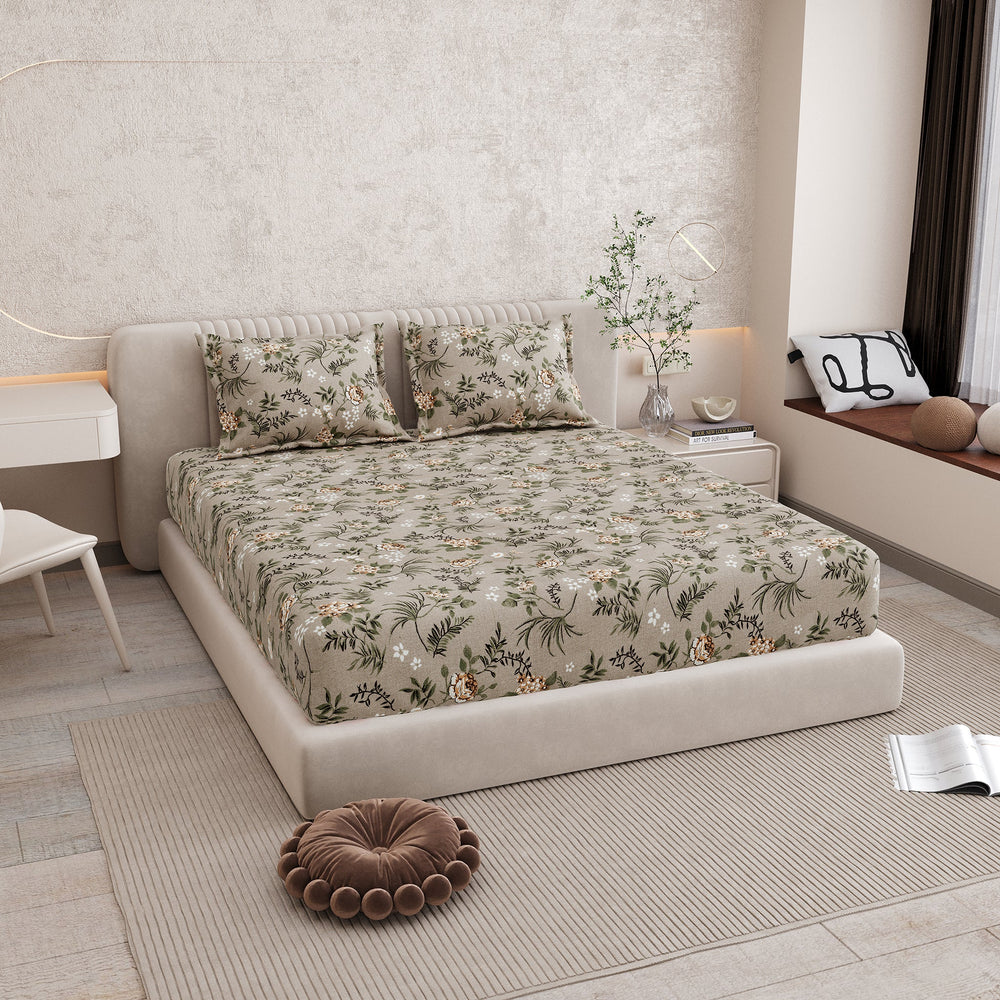 Bella Casa Fashion & Retail Ltd BEDSHEET 72 inch x 78 inch + 10 inch / Brown & Green / 100 % Pure Cotton Double Fitted Bedsheet Set 100% Cotton with 2 Pillow Covers Floral Design Brown & Green Colour - Scarlet Collection