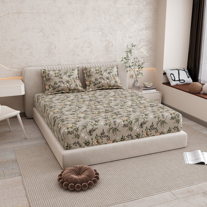 Bella Casa Fashion & Retail Ltd BEDSHEET 72 inch x 78 inch + 10 inch / Brown & Green / 100 % Pure Cotton Double Fitted Bedsheet Set 100% Cotton with 2 Pillow Covers Floral Design Brown & Green Colour - Scarlet Collection
