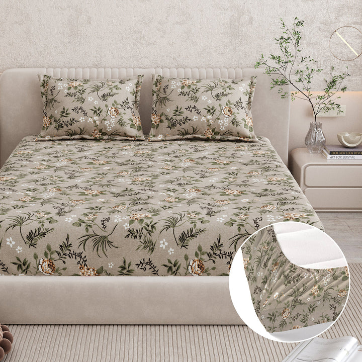 Bella Casa Fashion & Retail Ltd BEDSHEET 72 inch x 78 inch + 10 inch / Brown & Green / 100 % Pure Cotton Double Fitted Bedsheet Set 100% Cotton with 2 Pillow Covers Floral Design Brown & Green Colour - Scarlet Collection