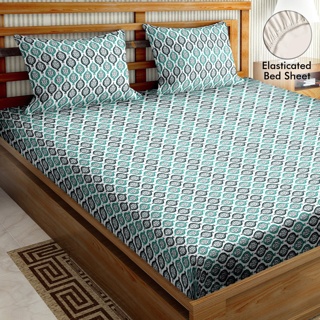 Bella Casa Fashion & Retail Ltd  BEDSHEET 72 inch x 78 inch + 10 inch / Green / 100 % Cotton Bella Casa Double Fitted Bedsheet Set 100 % Cotton with 2 Pillow Covers Abstract Design Green Colour - Scarlet Collection