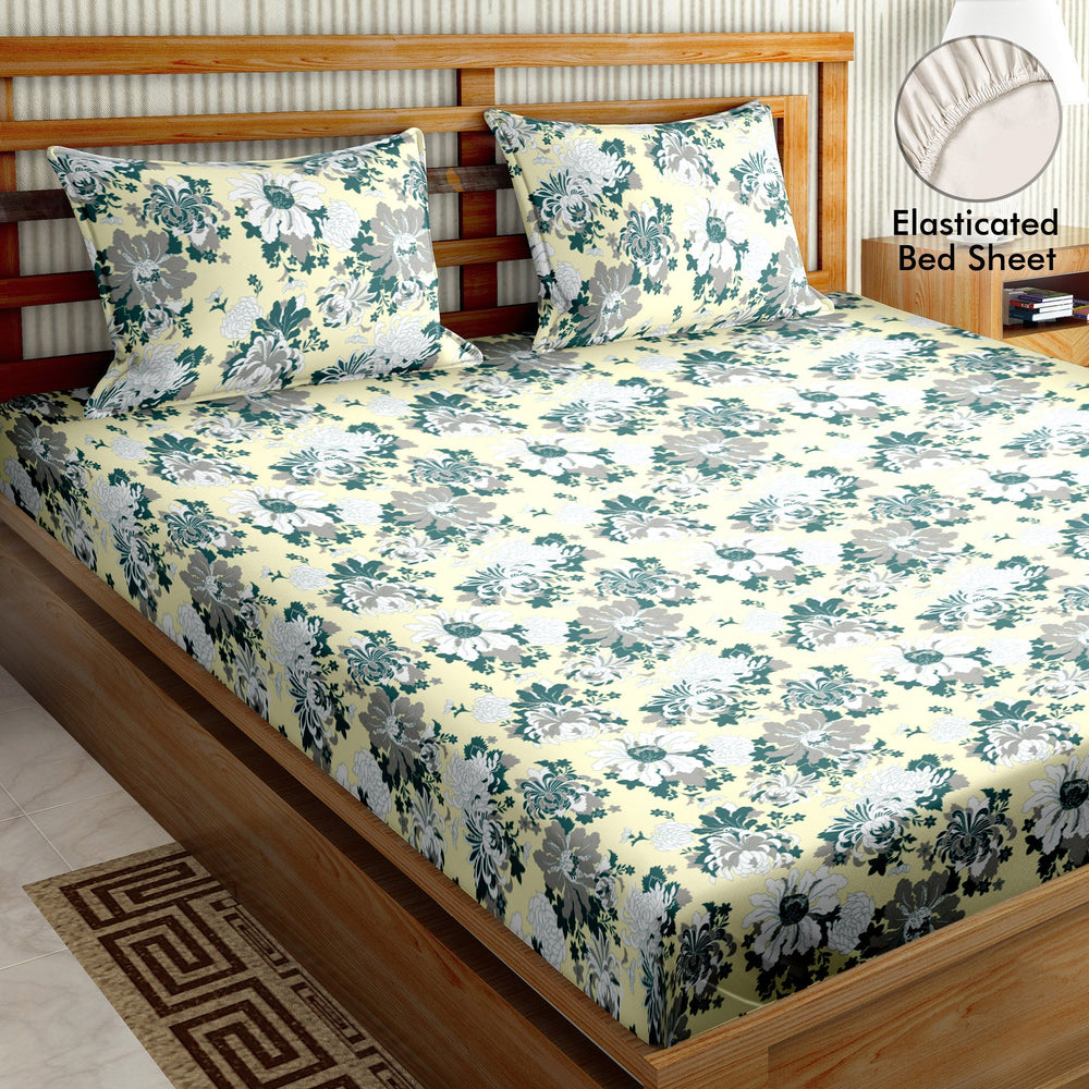 Bella Casa Fashion & Retail Ltd  BEDSHEET 72 inch x 78 inch + 10 inch / Green / 100 % Cotton Bella Casa Double Fitted Bedsheet Set 100 % Cotton with 2 Pillow Covers Floral Design Green Colour - Scarlet Collection