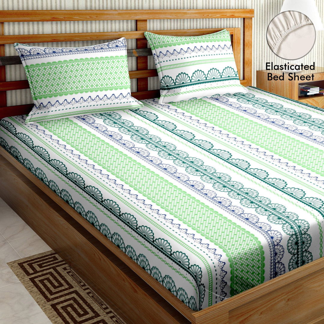 Bella Casa Fashion & Retail Ltd  BEDSHEET 72 inch x 78 inch + 10 inch / Green / 100 % Cotton Bella Casa Double Fitted Bedsheet Set 100 % Cotton with 2 Pillow Covers Geometric Design Green Colour - Scarlet Collection