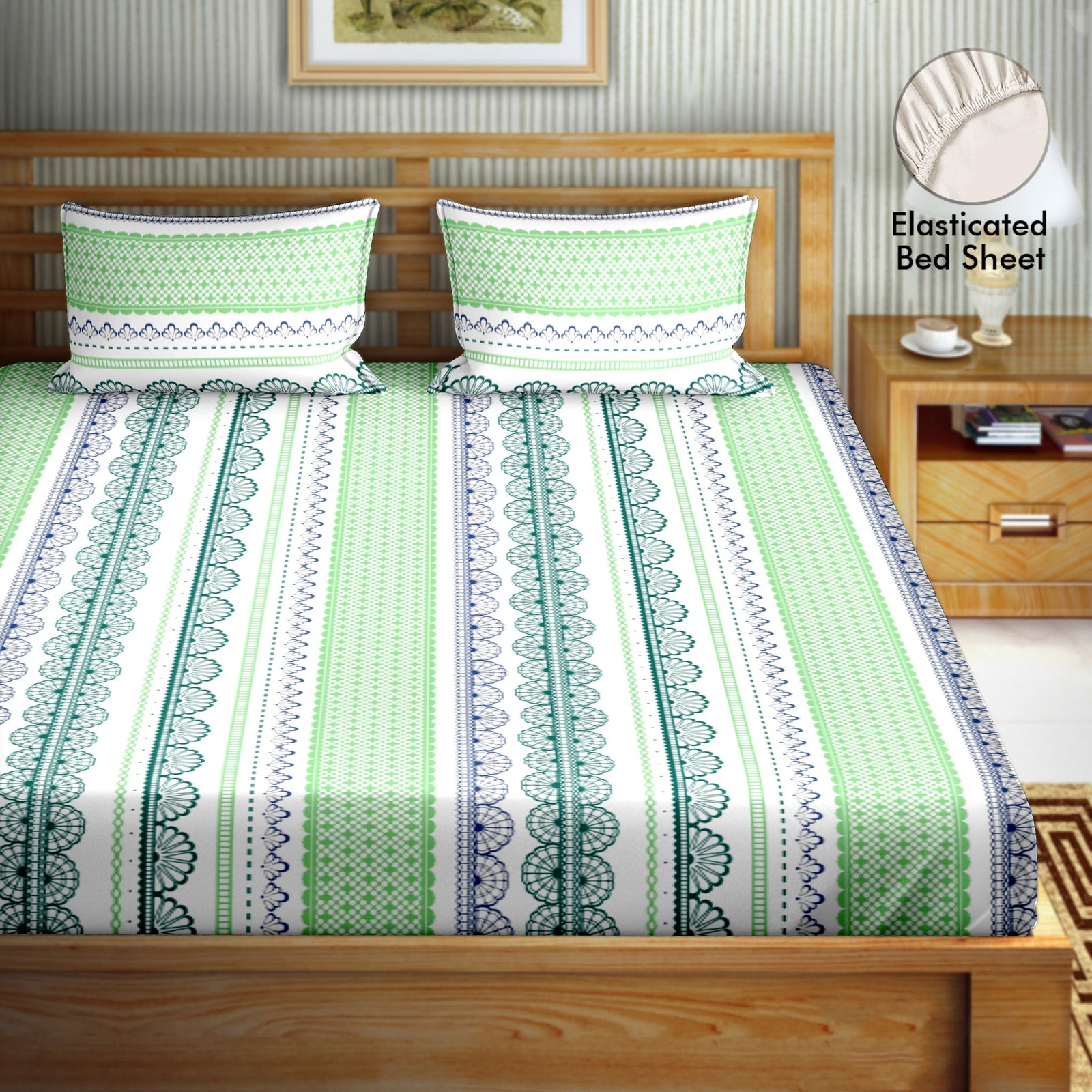 Bella Casa Fashion & Retail Ltd  BEDSHEET 72 inch x 78 inch + 10 inch / Green / 100 % Cotton Bella Casa Double Fitted Bedsheet Set 100 % Cotton with 2 Pillow Covers Geometric Design Green Colour - Scarlet Collection