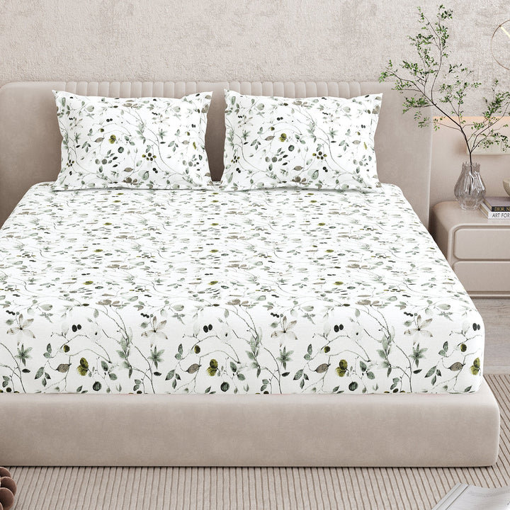 Bella Casa Fashion & Retail Ltd BEDSHEET 72 inch x 78 inch + 10 inch / Green / 100 % Pure Cotton Double Fitted Bedsheet Set 100% Cotton with 2 Pillow Covers Floral Design Green Colour - Scarlet Collection