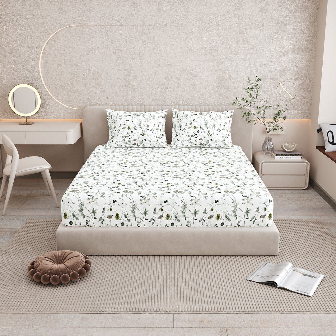 Bella Casa Fashion & Retail Ltd BEDSHEET 72 inch x 78 inch + 10 inch / Green / 100 % Pure Cotton Double Fitted Bedsheet Set 100% Cotton with 2 Pillow Covers Floral Design Green Colour - Scarlet Collection