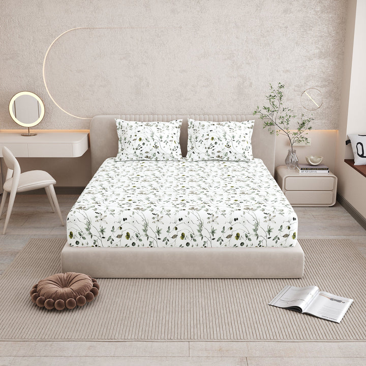 Bella Casa Fashion & Retail Ltd BEDSHEET 72 inch x 78 inch + 10 inch / Green / 100 % Pure Cotton Double Fitted Bedsheet Set 100% Cotton with 2 Pillow Covers Floral Design Green Colour - Scarlet Collection