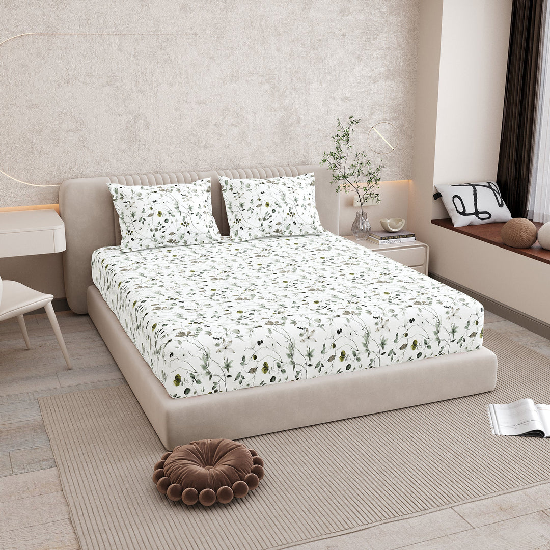 Bella Casa Fashion & Retail Ltd BEDSHEET 72 inch x 78 inch + 10 inch / Green / 100 % Pure Cotton Double Fitted Bedsheet Set 100% Cotton with 2 Pillow Covers Floral Design Green Colour - Scarlet Collection