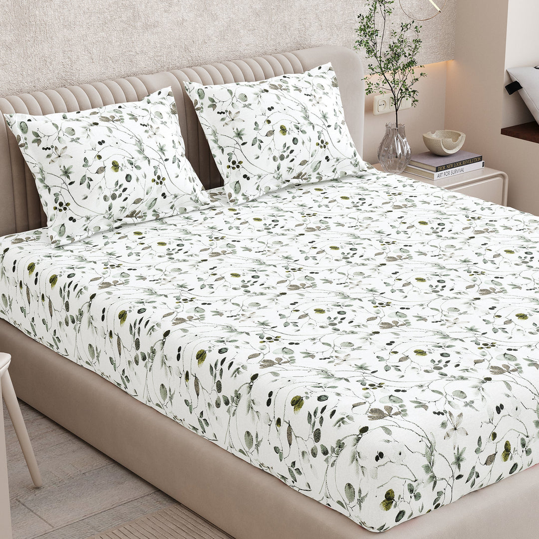 Bella Casa Fashion & Retail Ltd BEDSHEET 72 inch x 78 inch + 10 inch / Green / 100 % Pure Cotton Double Fitted Bedsheet Set 100% Cotton with 2 Pillow Covers Floral Design Green Colour - Scarlet Collection