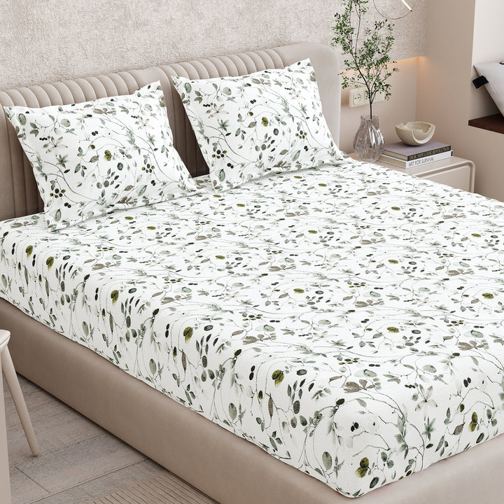Bella Casa Fashion & Retail Ltd BEDSHEET 72 inch x 78 inch + 10 inch / Green / 100 % Pure Cotton Double Fitted Bedsheet Set 100% Cotton with 2 Pillow Covers Floral Design Green Colour - Scarlet Collection