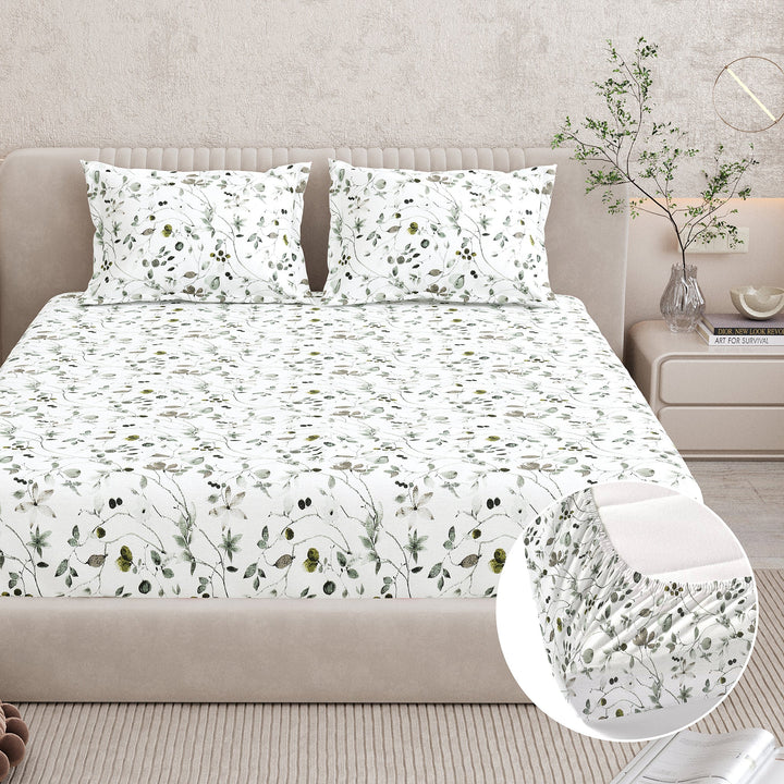 Bella Casa Fashion & Retail Ltd BEDSHEET 72 inch x 78 inch + 10 inch / Green / 100 % Pure Cotton Double Fitted Bedsheet Set 100% Cotton with 2 Pillow Covers Floral Design Green Colour - Scarlet Collection