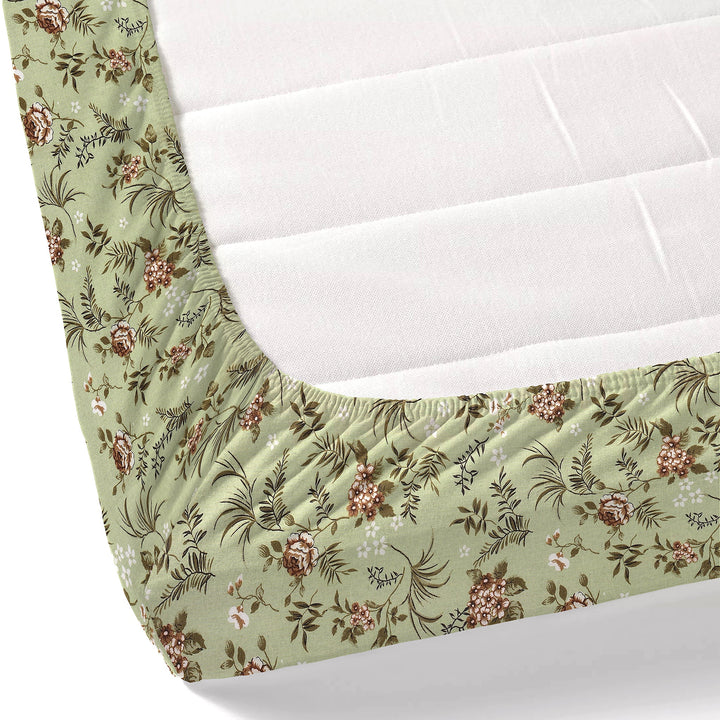 Bella Casa Fashion & Retail Ltd BEDSHEET 72 inch x 78 inch + 10 inch / Green / 100 % Pure Cotton Double Fitted Bedsheet Set 100% Cotton with 2 Pillow Covers Floral Design Green Colour - Scarlet Collection