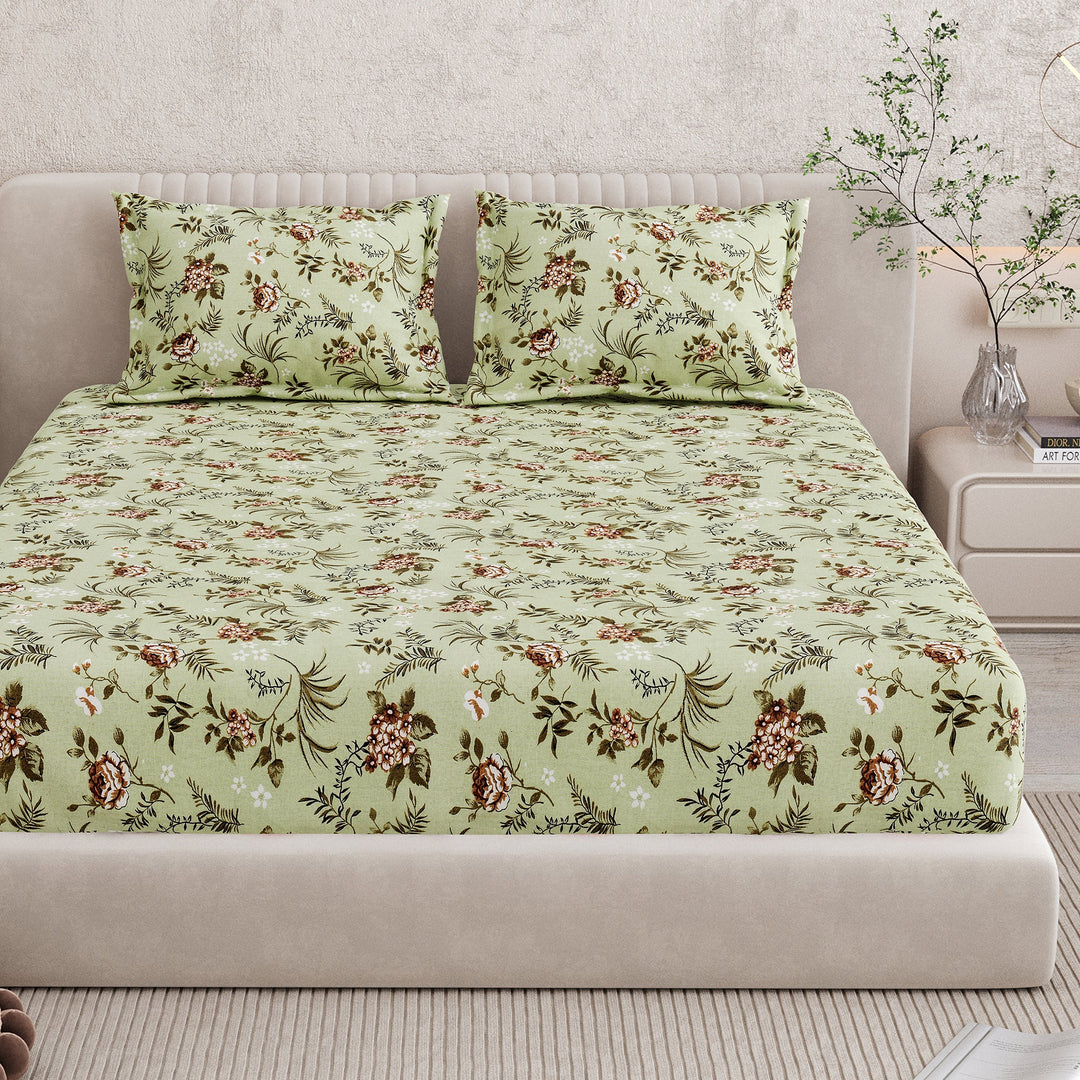 Bella Casa Fashion & Retail Ltd BEDSHEET 72 inch x 78 inch + 10 inch / Green / 100 % Pure Cotton Double Fitted Bedsheet Set 100% Cotton with 2 Pillow Covers Floral Design Green Colour - Scarlet Collection