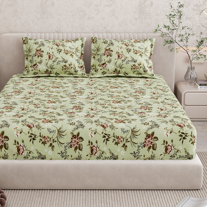 Bella Casa Fashion & Retail Ltd BEDSHEET 72 inch x 78 inch + 10 inch / Green / 100 % Pure Cotton Double Fitted Bedsheet Set 100% Cotton with 2 Pillow Covers Floral Design Green Colour - Scarlet Collection