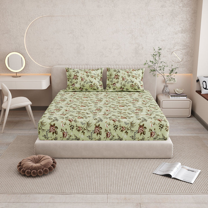 Bella Casa Fashion & Retail Ltd BEDSHEET 72 inch x 78 inch + 10 inch / Green / 100 % Pure Cotton Double Fitted Bedsheet Set 100% Cotton with 2 Pillow Covers Floral Design Green Colour - Scarlet Collection
