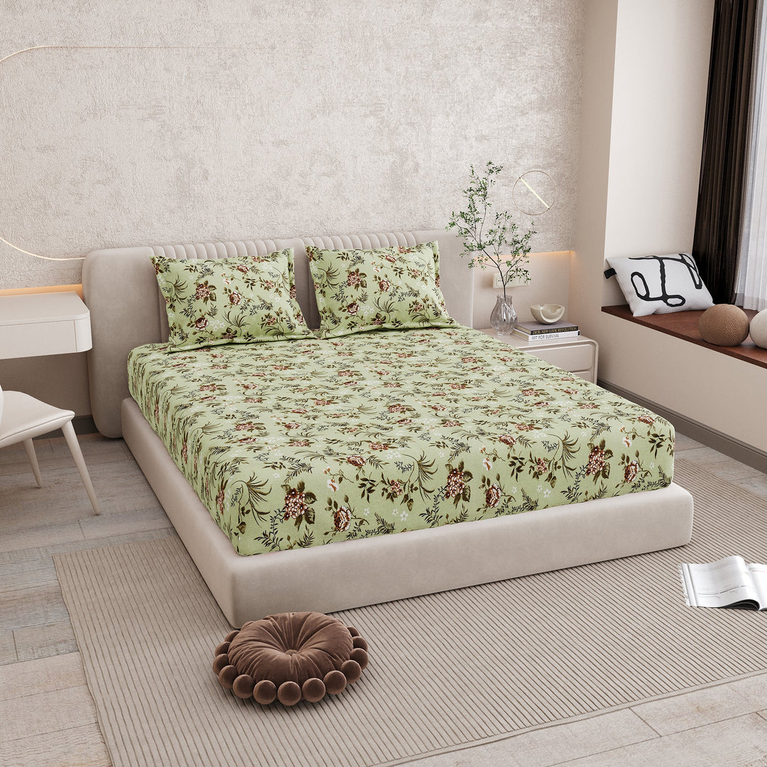 Bella Casa Fashion & Retail Ltd BEDSHEET 72 inch x 78 inch + 10 inch / Green / 100 % Pure Cotton Double Fitted Bedsheet Set 100% Cotton with 2 Pillow Covers Floral Design Green Colour - Scarlet Collection