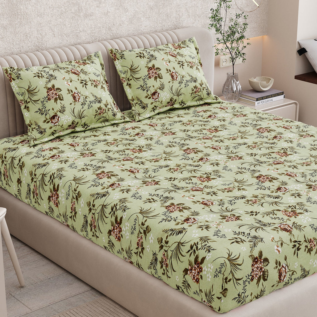 Bella Casa Fashion & Retail Ltd BEDSHEET 72 inch x 78 inch + 10 inch / Green / 100 % Pure Cotton Double Fitted Bedsheet Set 100% Cotton with 2 Pillow Covers Floral Design Green Colour - Scarlet Collection
