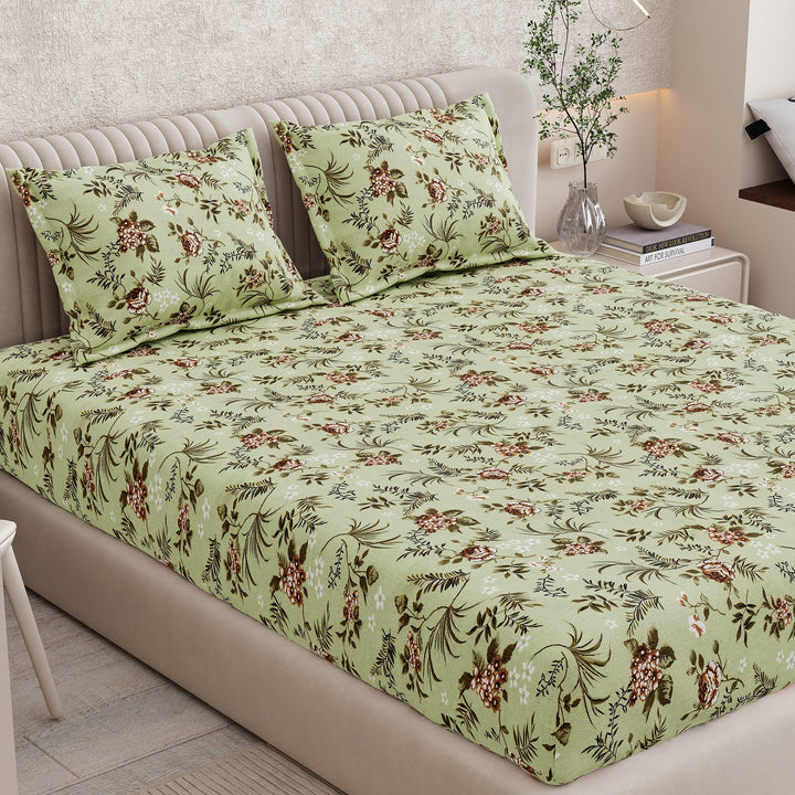 Bella Casa Fashion & Retail Ltd BEDSHEET 72 inch x 78 inch + 10 inch / Green / 100 % Pure Cotton Double Fitted Bedsheet Set 100% Cotton with 2 Pillow Covers Floral Design Green Colour - Scarlet Collection