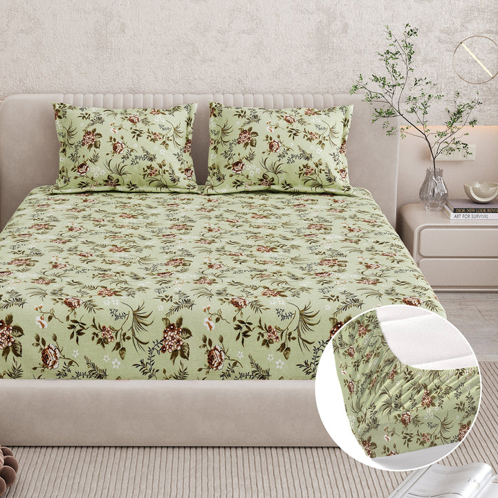 Bella Casa Fashion & Retail Ltd BEDSHEET 72 inch x 78 inch + 10 inch / Green / 100 % Pure Cotton Double Fitted Bedsheet Set 100% Cotton with 2 Pillow Covers Floral Design Green Colour - Scarlet Collection