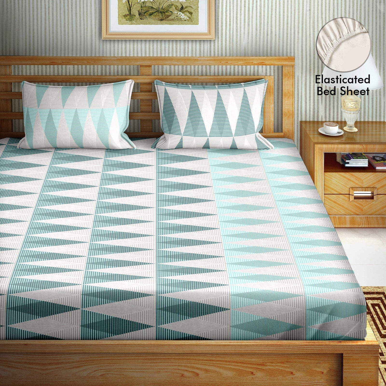 Bella Casa Fashion & Retail Ltd  BEDSHEET 72 inch x 78 inch + 10 inch / Grey / 100 % Cotton Bella Casa Double Fitted Bedsheet Set 100 % Cotton with 2 Pillow Covers Geometric Design Grey Colour - Scarlet Collection