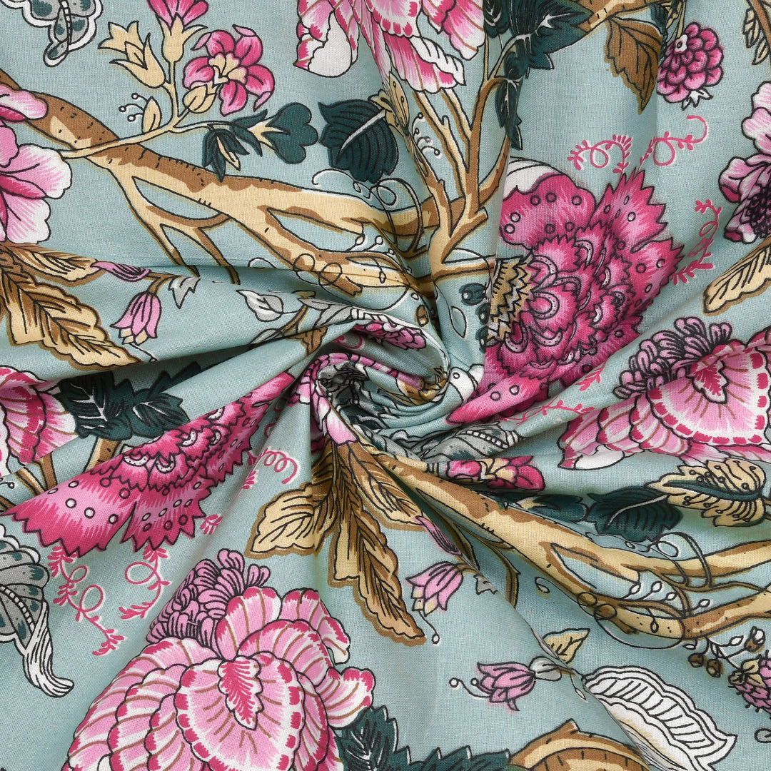 Bella Casa Fashion & Retail Ltd BEDSHEET 72 inch x 78 inch + 10 inch / Mint Green and Magenta / 100 % Pure Cotton Double Fitted Bedsheet Set 100% Cotton with 2 Pillow Covers Floral Design Mint Green and Magenta Colour - Scarlet Collection