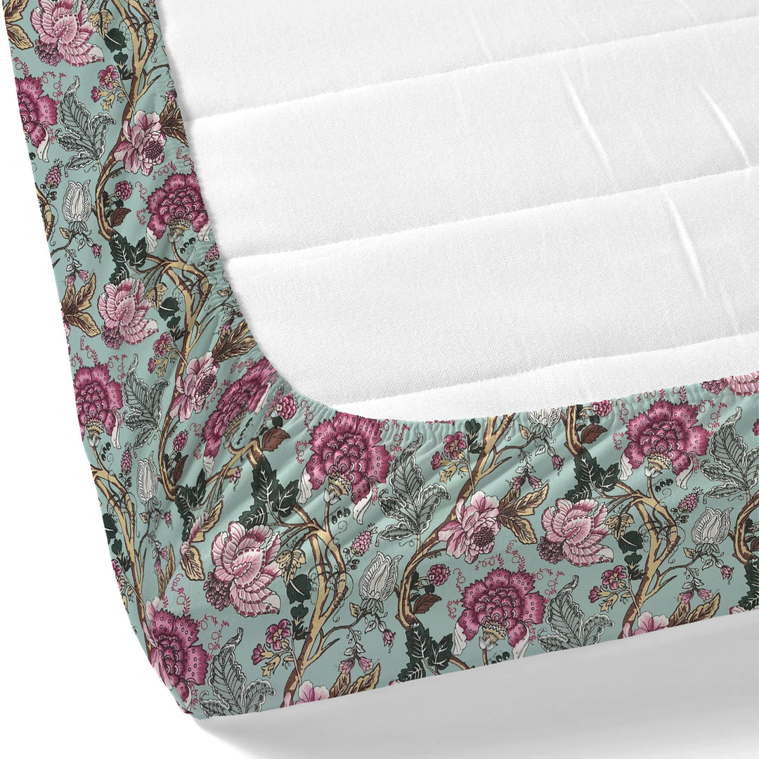 Bella Casa Fashion & Retail Ltd BEDSHEET 72 inch x 78 inch + 10 inch / Mint Green and Magenta / 100 % Pure Cotton Double Fitted Bedsheet Set 100% Cotton with 2 Pillow Covers Floral Design Mint Green and Magenta Colour - Scarlet Collection