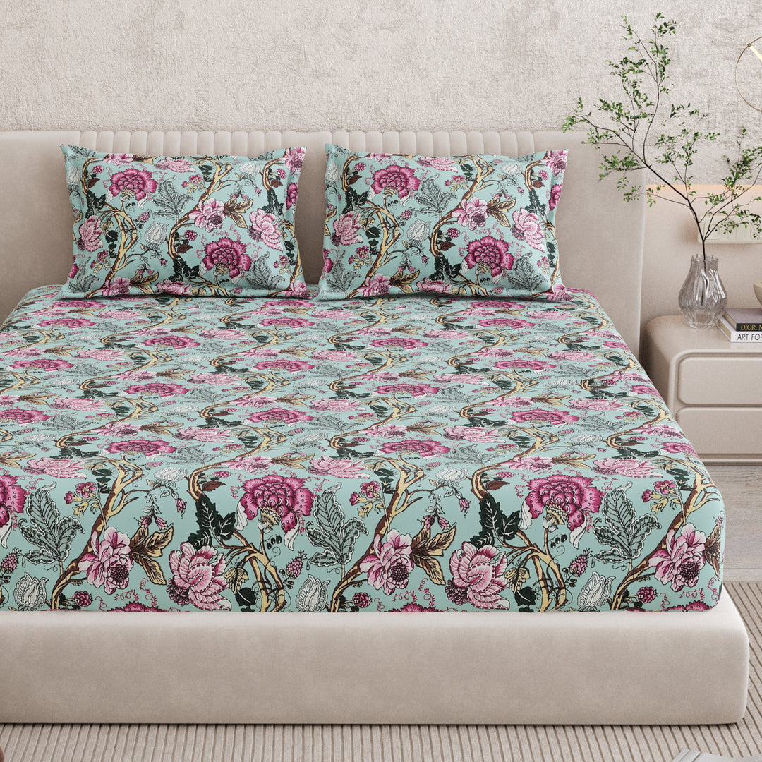 Bella Casa Fashion & Retail Ltd BEDSHEET 72 inch x 78 inch + 10 inch / Mint Green and Magenta / 100 % Pure Cotton Double Fitted Bedsheet Set 100% Cotton with 2 Pillow Covers Floral Design Mint Green and Magenta Colour - Scarlet Collection