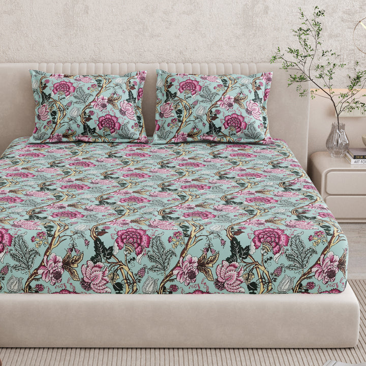 Bella Casa Fashion & Retail Ltd BEDSHEET 72 inch x 78 inch + 10 inch / Mint Green and Magenta / 100 % Pure Cotton Double Fitted Bedsheet Set 100% Cotton with 2 Pillow Covers Floral Design Mint Green and Magenta Colour - Scarlet Collection