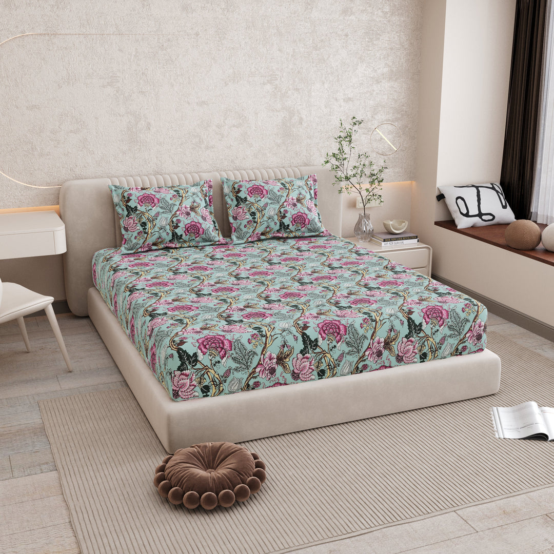 Bella Casa Fashion & Retail Ltd BEDSHEET 72 inch x 78 inch + 10 inch / Mint Green and Magenta / 100 % Pure Cotton Double Fitted Bedsheet Set 100% Cotton with 2 Pillow Covers Floral Design Mint Green and Magenta Colour - Scarlet Collection