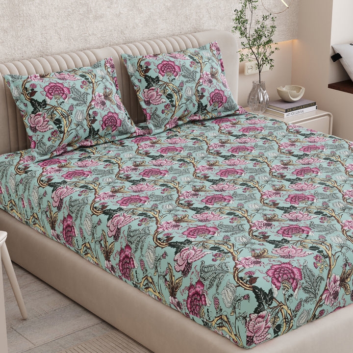 Bella Casa Fashion & Retail Ltd BEDSHEET 72 inch x 78 inch + 10 inch / Mint Green and Magenta / 100 % Pure Cotton Double Fitted Bedsheet Set 100% Cotton with 2 Pillow Covers Floral Design Mint Green and Magenta Colour - Scarlet Collection