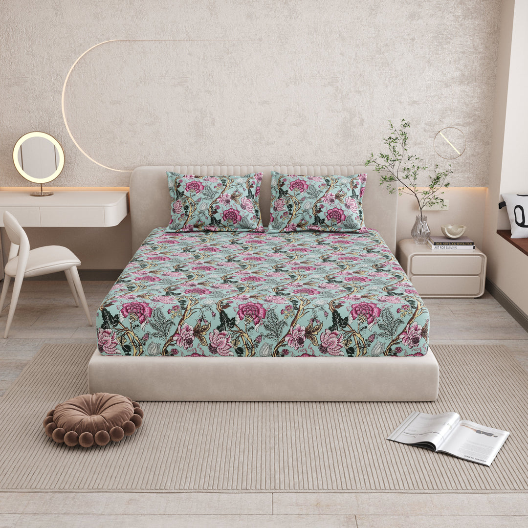 Bella Casa Fashion & Retail Ltd BEDSHEET 72 inch x 78 inch + 10 inch / Mint Green and Magenta / 100 % Pure Cotton Double Fitted Bedsheet Set 100% Cotton with 2 Pillow Covers Floral Design Mint Green and Magenta Colour - Scarlet Collection