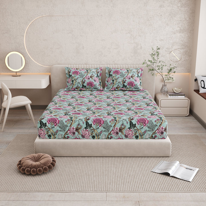 Bella Casa Fashion & Retail Ltd BEDSHEET 72 inch x 78 inch + 10 inch / Mint Green and Magenta / 100 % Pure Cotton Double Fitted Bedsheet Set 100% Cotton with 2 Pillow Covers Floral Design Mint Green and Magenta Colour - Scarlet Collection