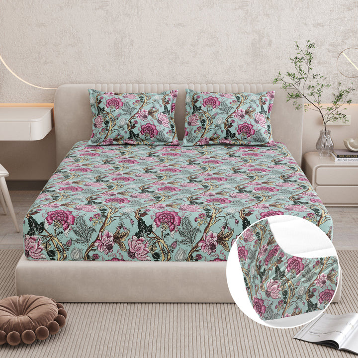 Bella Casa Fashion & Retail Ltd BEDSHEET 72 inch x 78 inch + 10 inch / Mint Green and Magenta / 100 % Pure Cotton Double Fitted Bedsheet Set 100% Cotton with 2 Pillow Covers Floral Design Mint Green and Magenta Colour - Scarlet Collection