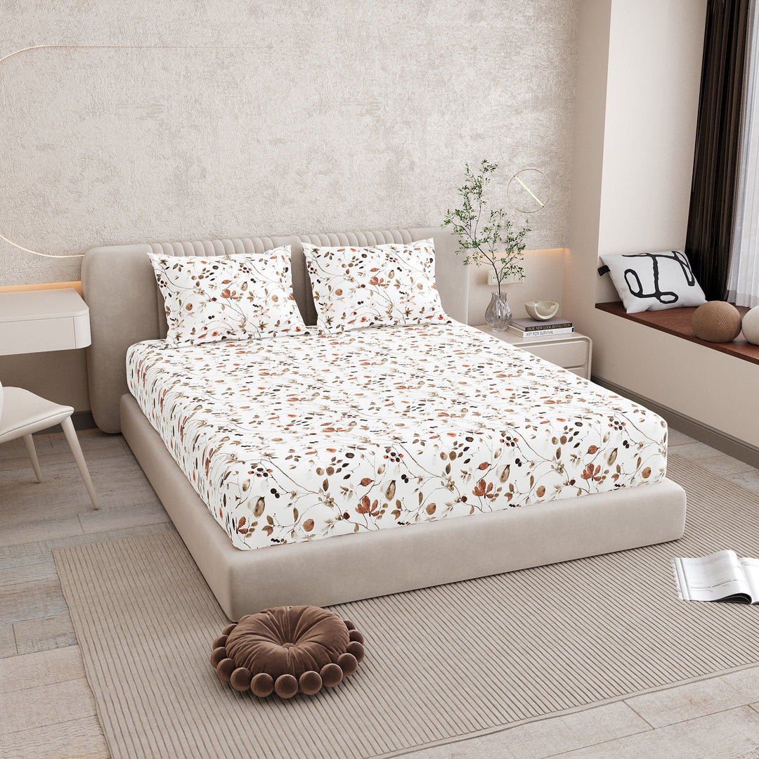 Bella Casa Fashion & Retail Ltd BEDSHEET 72 inch x 78 inch + 10 inch / Multi / 100 % Pure Cotton Double Fitted Bedsheet Set 100% Cotton with 2 Pillow Covers Floral Design Multi Colour - Scarlet Collection