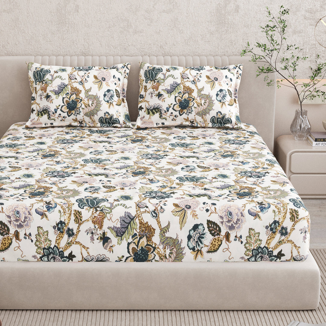 Bella Casa Fashion & Retail Ltd BEDSHEET 72 inch x 78 inch + 10 inch / Multicolor / 100 % Pure Cotton Double Fitted Bedsheet Set 100% Cotton with 2 Pillow Covers Floral Design Multi Colour - Scarlet Collection