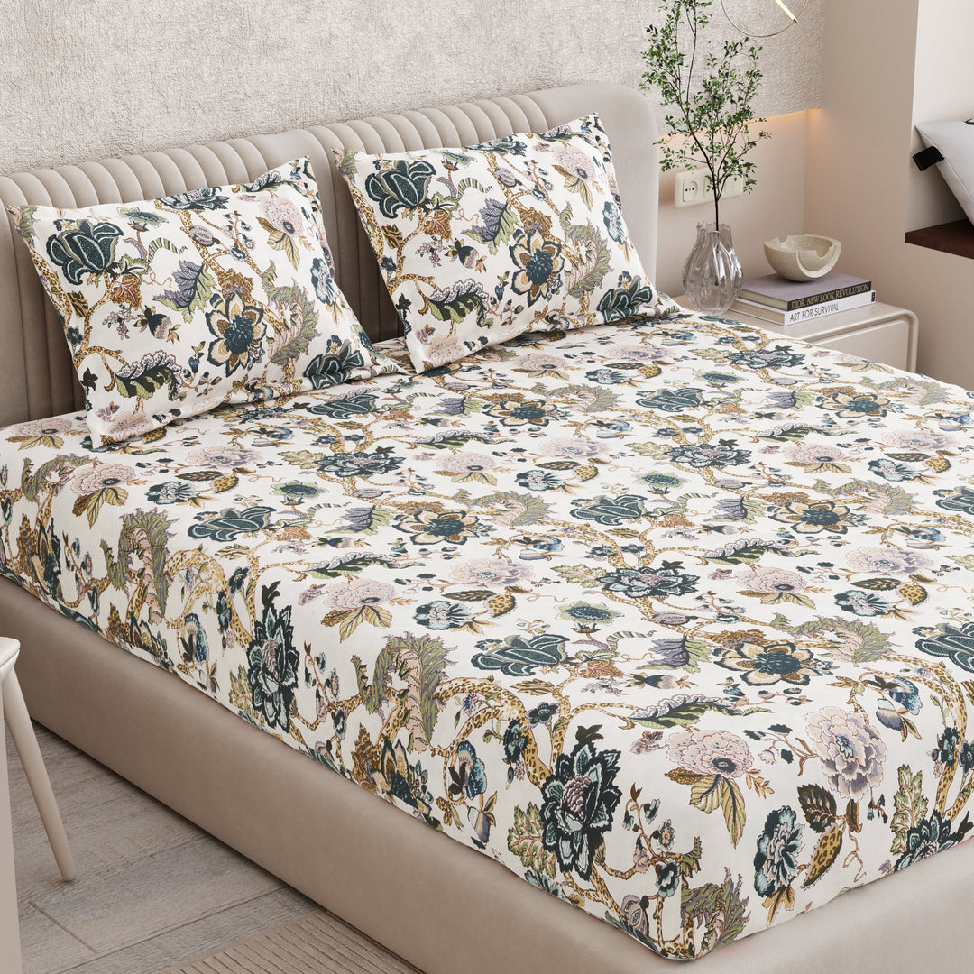 Bella Casa Fashion & Retail Ltd BEDSHEET 72 inch x 78 inch + 10 inch / Multicolor / 100 % Pure Cotton Double Fitted Bedsheet Set 100% Cotton with 2 Pillow Covers Floral Design Multi Colour - Scarlet Collection