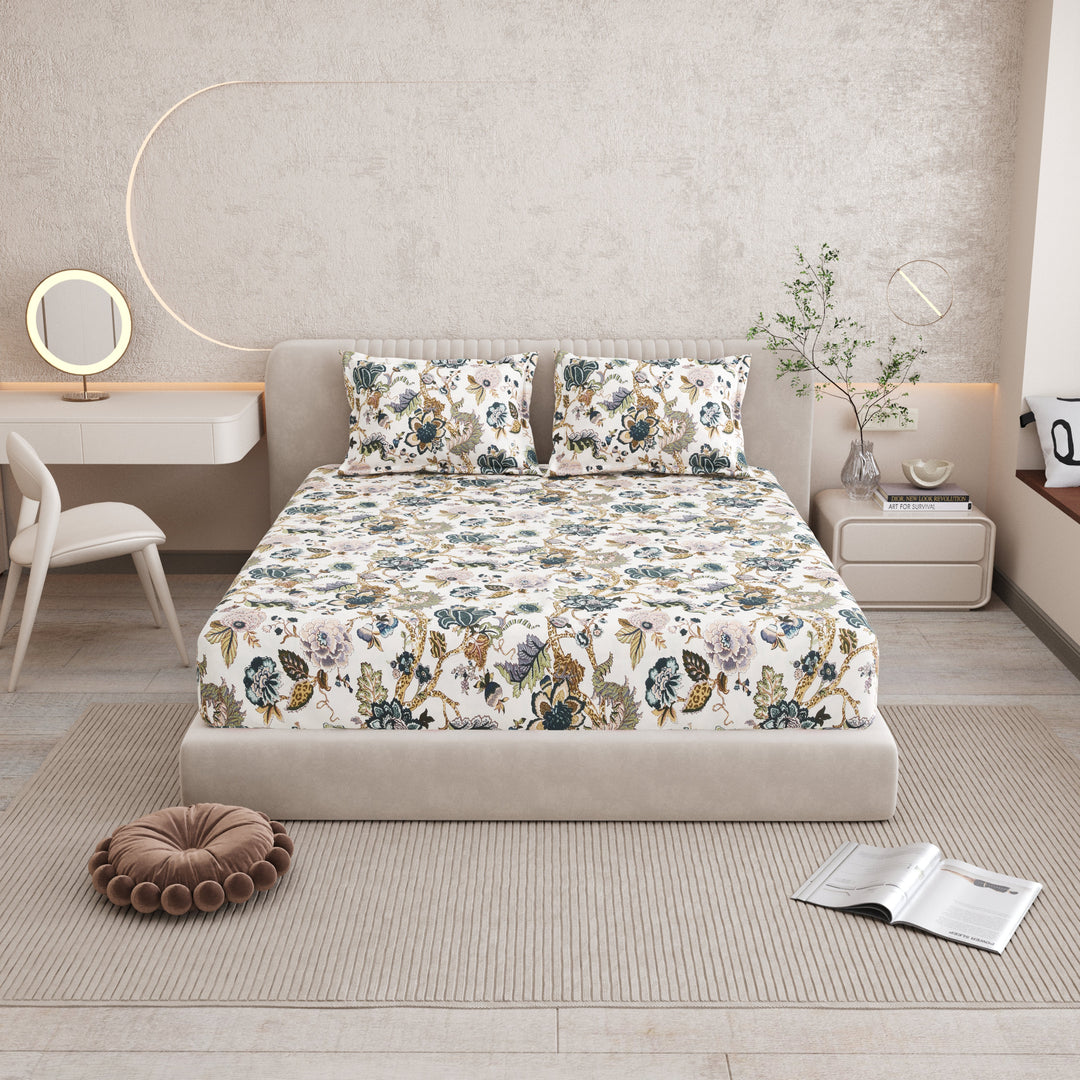 Bella Casa Fashion & Retail Ltd BEDSHEET 72 inch x 78 inch + 10 inch / Multicolor / 100 % Pure Cotton Double Fitted Bedsheet Set 100% Cotton with 2 Pillow Covers Floral Design Multi Colour - Scarlet Collection