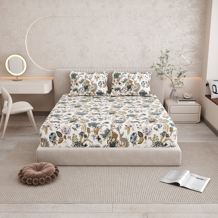 Bella Casa Fashion & Retail Ltd BEDSHEET 72 inch x 78 inch + 10 inch / Multicolor / 100 % Pure Cotton Double Fitted Bedsheet Set 100% Cotton with 2 Pillow Covers Floral Design Multi Colour - Scarlet Collection