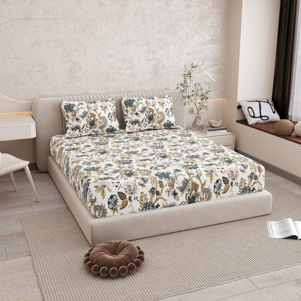 Bella Casa Fashion & Retail Ltd BEDSHEET 72 inch x 78 inch + 10 inch / Multicolor / 100 % Pure Cotton Double Fitted Bedsheet Set 100% Cotton with 2 Pillow Covers Floral Design Multi Colour - Scarlet Collection