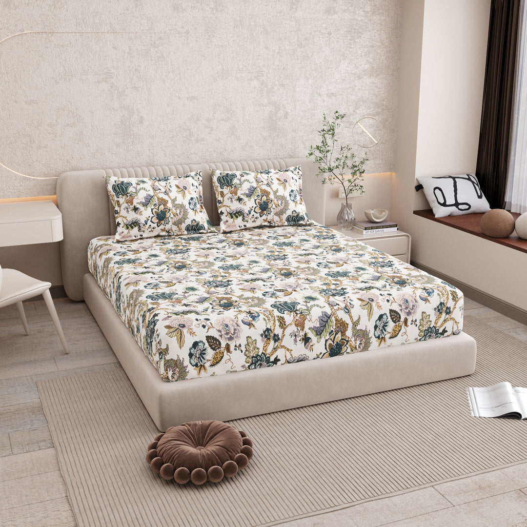 Bella Casa Fashion & Retail Ltd BEDSHEET 72 inch x 78 inch + 10 inch / Multicolor / 100 % Pure Cotton Double Fitted Bedsheet Set 100% Cotton with 2 Pillow Covers Floral Design Multi Colour - Scarlet Collection