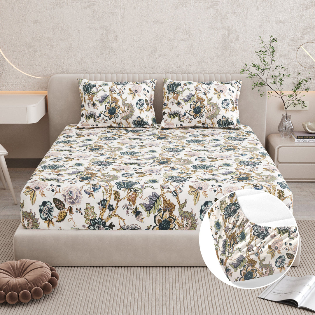 Bella Casa Fashion & Retail Ltd BEDSHEET 72 inch x 78 inch + 10 inch / Multicolor / 100 % Pure Cotton Double Fitted Bedsheet Set 100% Cotton with 2 Pillow Covers Floral Design Multi Colour - Scarlet Collection