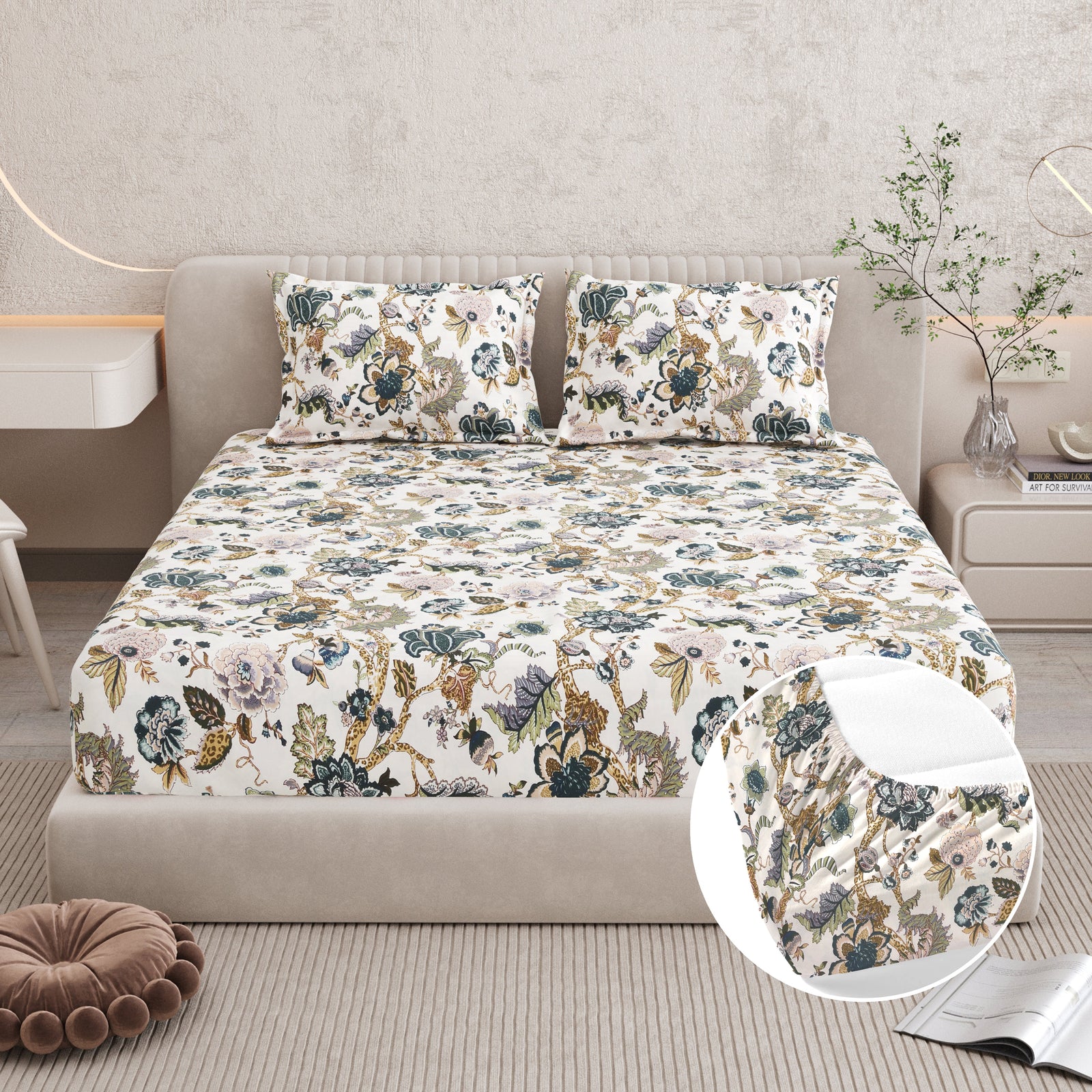 Bella Casa Fashion & Retail Ltd BEDSHEET 72 inch x 78 inch + 10 inch / Multicolor / 100 % Pure Cotton Double Fitted Bedsheet Set 100% Cotton with 2 Pillow Covers Floral Design Multi Colour - Scarlet Collection