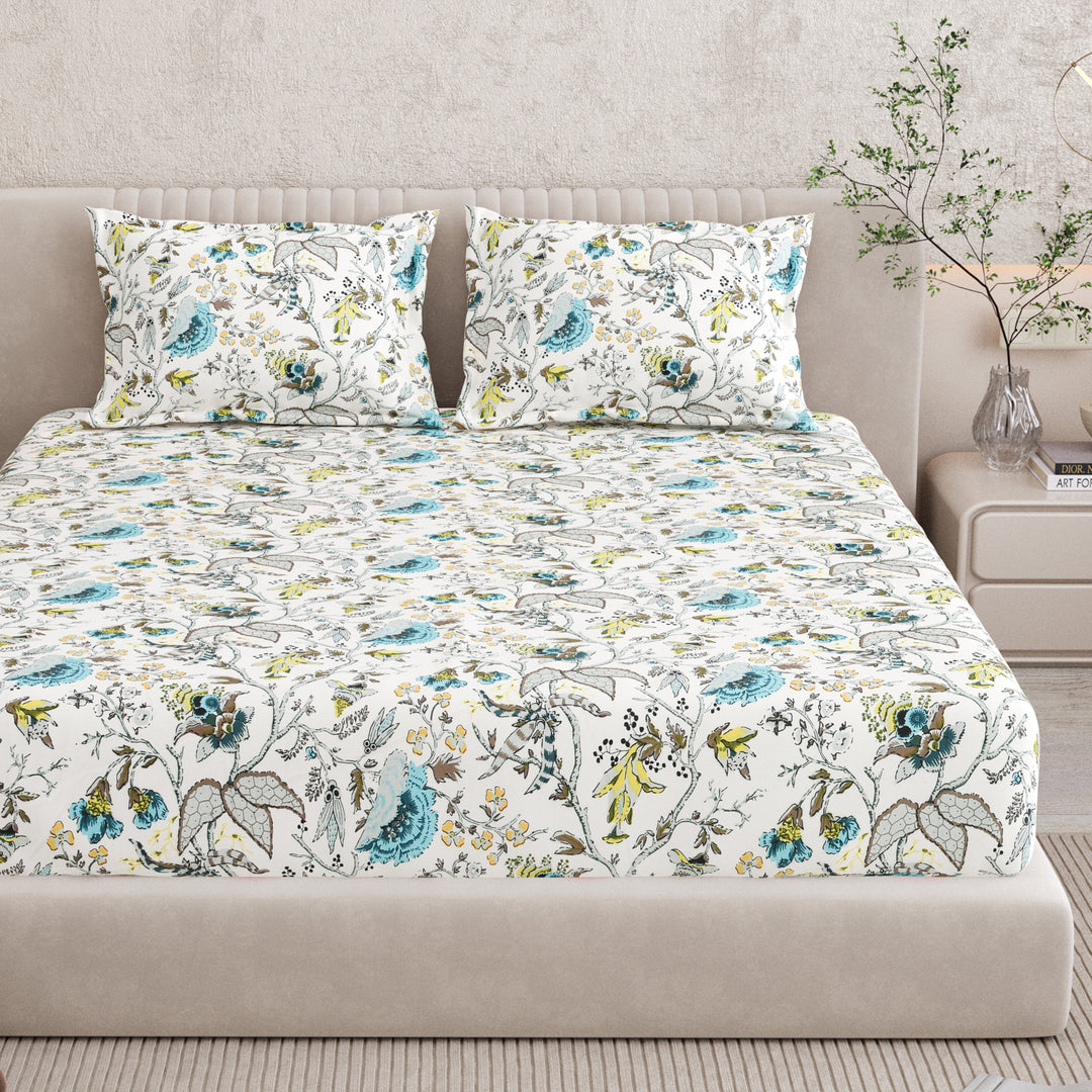 Bella Casa Fashion & Retail Ltd BEDSHEET 72 inch x 78 inch + 10 inch / Multicolor / 100 % Pure Cotton Double Fitted Bedsheet Set 100% Cotton with 2 Pillow Covers Floral Design Multi Colour - Scarlet Collection