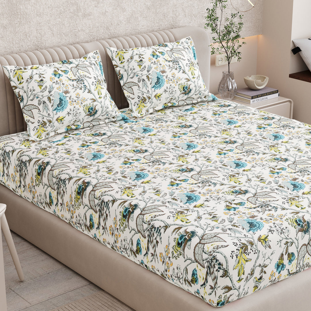 Bella Casa Fashion & Retail Ltd BEDSHEET 72 inch x 78 inch + 10 inch / Multicolor / 100 % Pure Cotton Double Fitted Bedsheet Set 100% Cotton with 2 Pillow Covers Floral Design Multi Colour - Scarlet Collection