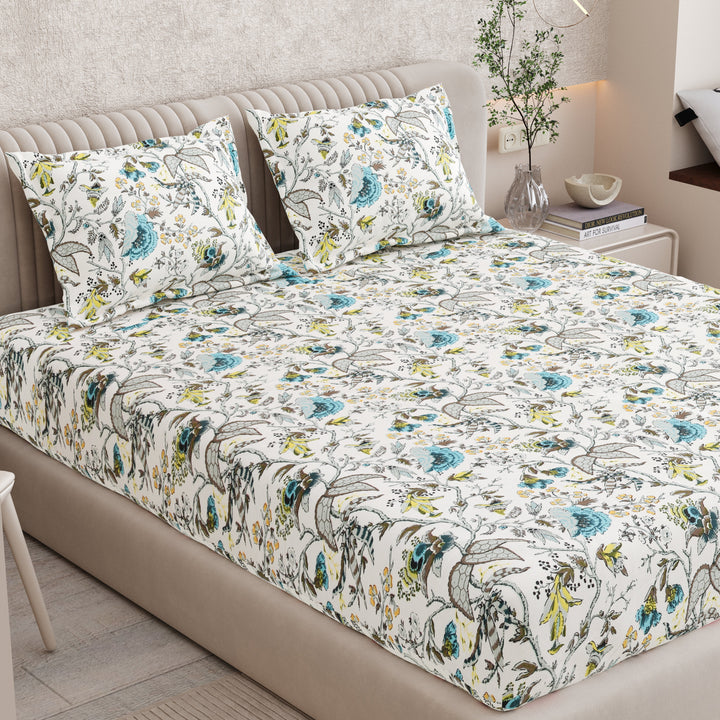 Bella Casa Fashion & Retail Ltd BEDSHEET 72 inch x 78 inch + 10 inch / Multicolor / 100 % Pure Cotton Double Fitted Bedsheet Set 100% Cotton with 2 Pillow Covers Floral Design Multi Colour - Scarlet Collection