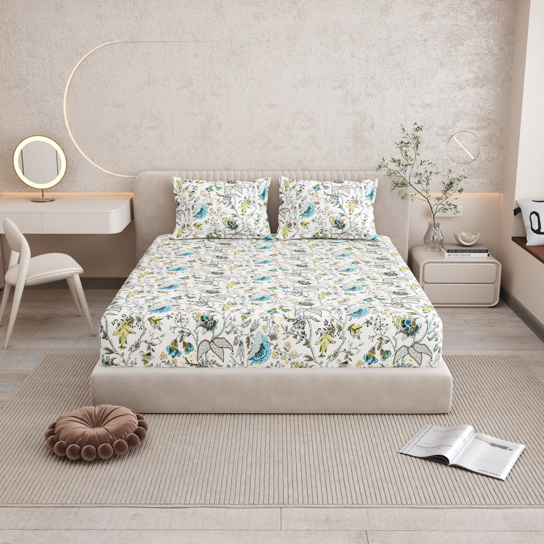 Bella Casa Fashion & Retail Ltd BEDSHEET 72 inch x 78 inch + 10 inch / Multicolor / 100 % Pure Cotton Double Fitted Bedsheet Set 100% Cotton with 2 Pillow Covers Floral Design Multi Colour - Scarlet Collection