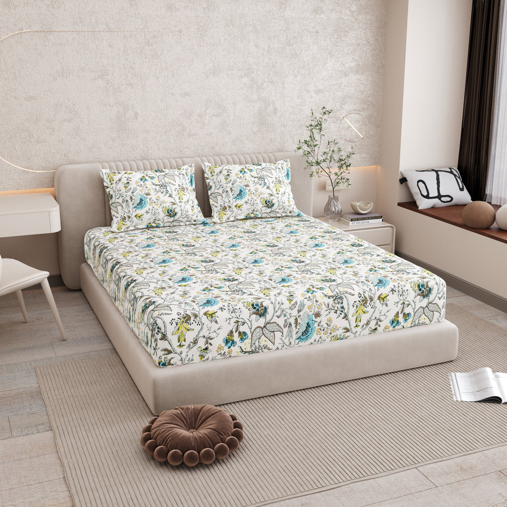 Bella Casa Fashion & Retail Ltd BEDSHEET 72 inch x 78 inch + 10 inch / Multicolor / 100 % Pure Cotton Double Fitted Bedsheet Set 100% Cotton with 2 Pillow Covers Floral Design Multi Colour - Scarlet Collection