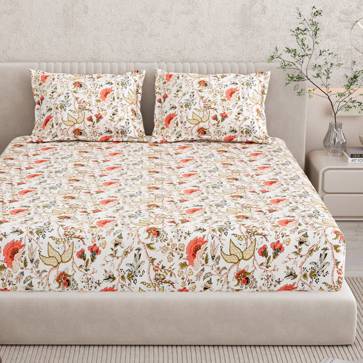 Bella Casa Fashion & Retail Ltd BEDSHEET 72 inch x 78 inch + 10 inch / Multicolor / 100 % Pure Cotton Double Fitted Bedsheet Set 100% Cotton with 2 Pillow Covers Floral Design Multi Colour - Scarlet Collection