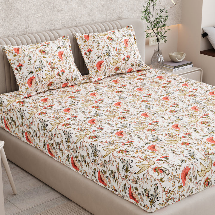 Bella Casa Fashion & Retail Ltd BEDSHEET 72 inch x 78 inch + 10 inch / Multicolor / 100 % Pure Cotton Double Fitted Bedsheet Set 100% Cotton with 2 Pillow Covers Floral Design Multi Colour - Scarlet Collection