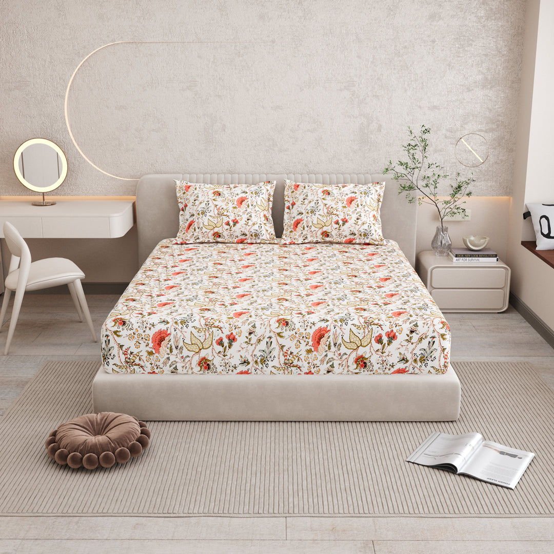 Bella Casa Fashion & Retail Ltd BEDSHEET 72 inch x 78 inch + 10 inch / Multicolor / 100 % Pure Cotton Double Fitted Bedsheet Set 100% Cotton with 2 Pillow Covers Floral Design Multi Colour - Scarlet Collection